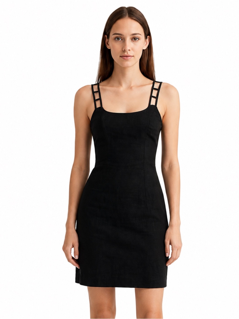 Andrea Polizzi for Rex Lester Black Linen Strappy Cutout Crisscross Mini Dress